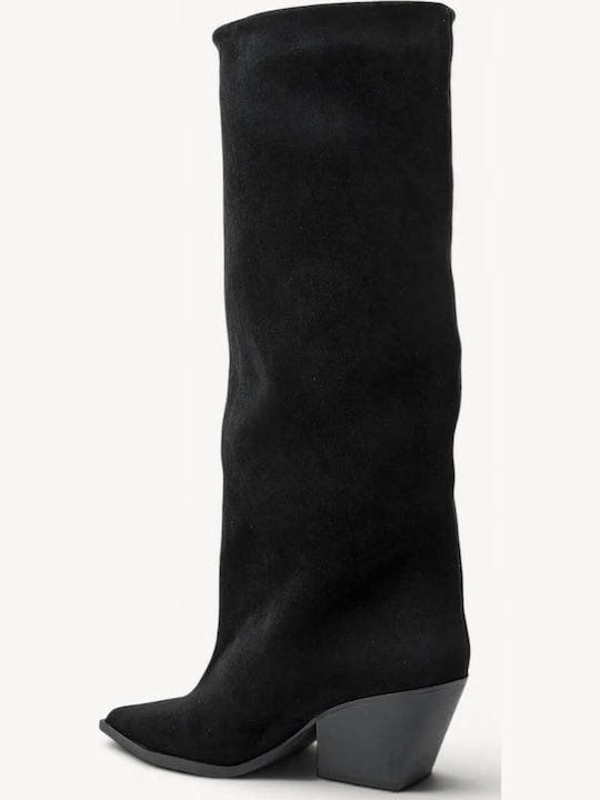 Schwarze Damenstiefel Mit Spitz Zehen Und Dickem Absatz