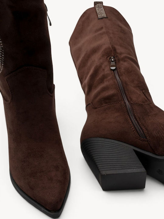 Brown Western Boots with Rhinestones Slanted Heel