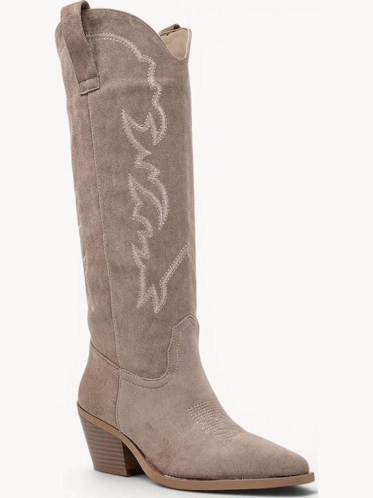 Beige Women's Cowboy Boots Side Zipper