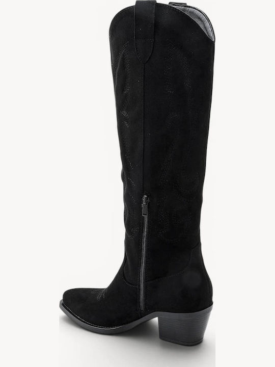 Black Western Suede Boots Decorative Stitching