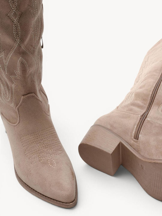 Beige Western Boots Suede Decorative Stitching