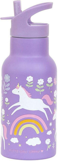 A Little Lovely Company Bento Stainless Steel Kids Water Bottle Unicorns Thermos with Straw Silver 350ml