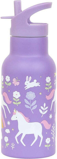 A Little Lovely Company Bento Stainless Steel Kids Water Bottle Unicorns Thermos with Straw Silver 350ml
