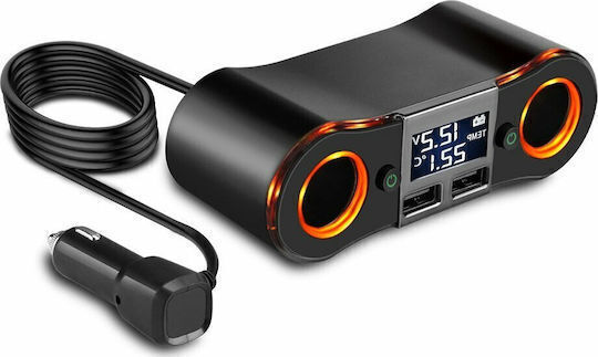 SPV Car Charger 80W 3.5A with 2xUSB-A 2xLighter Embedded Cable and Voltmeter Black Color