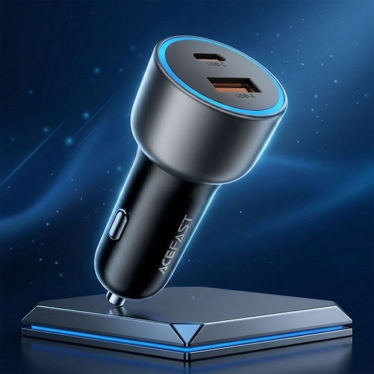 Acefast Автомобилен Зарядно Устройство 75W 3A Бързо Зареждане с Портове 1xUSB 1xType-C с Type-C Кабел Сив Цвят