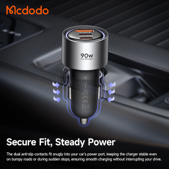 Mcdodo Car Charger 90W 3A with Ports 1xUSB 2xType-C with Type-C Cable Black Colour