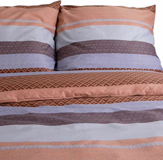 Darymex Σετ Παπλωματοθήκη 200x220cm Διπλή με 2 Μαξιλαροθήκες Πορτοκαλί Καφέ Ρίγες