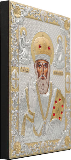 Saint Nicholas Silver-Plated Silk-Screen Icon Wood 15.5 X 21.5 Cm 6.1 X 8.4 In