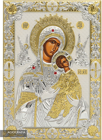 Virgin Mary Immaculate Silver-Plated Silk Screen Icon Wood 13.5 X 17.5 Cm 5.3 X 6.9 In
