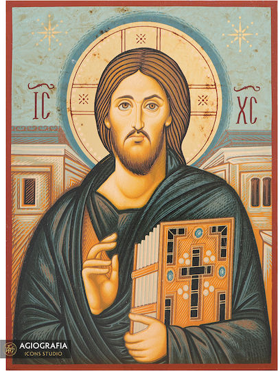 Christ of Sinai Aged Gold-Stamped Icon Wood 24 X 35 Cm 9.4 X 13.8 In