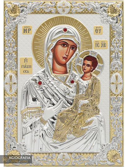 Panagia Giatritsa Silver-Plated Silk Screen Icon Wood 20 X 28 Cm 7.9 X 11.0 In