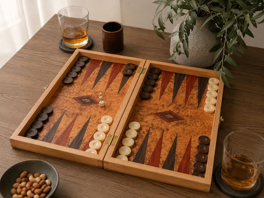 Wooden Checkers Set from Olive Wood & Dice for Backgammon