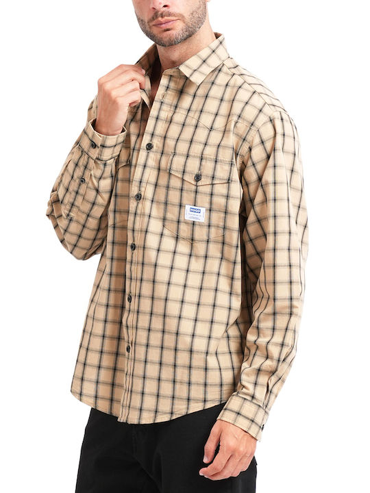 Long Sleeve Cotton Overshirt In Regular Fit Checked Black-Beige