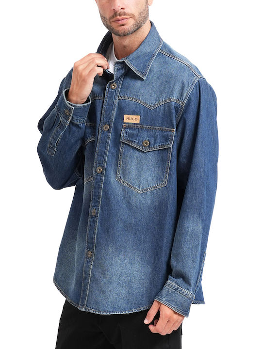 Camasa Barbat Mânecă Lungă Denim Overshirt Linie Supradimensionată Albastru