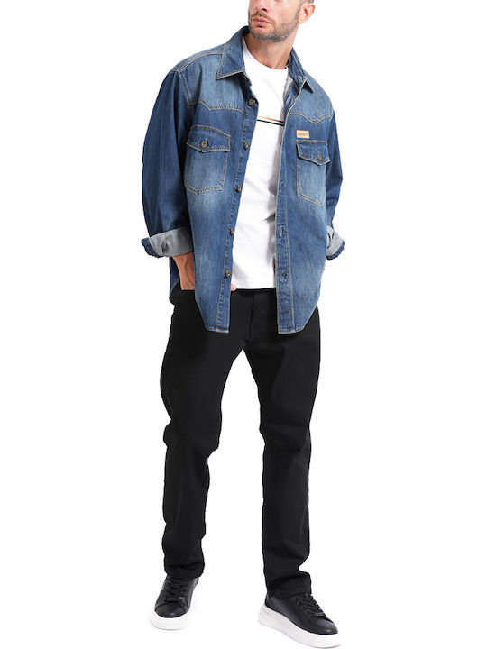 Camasa Barbat Mânecă Lungă Denim Overshirt Linie Supradimensionată Albastru