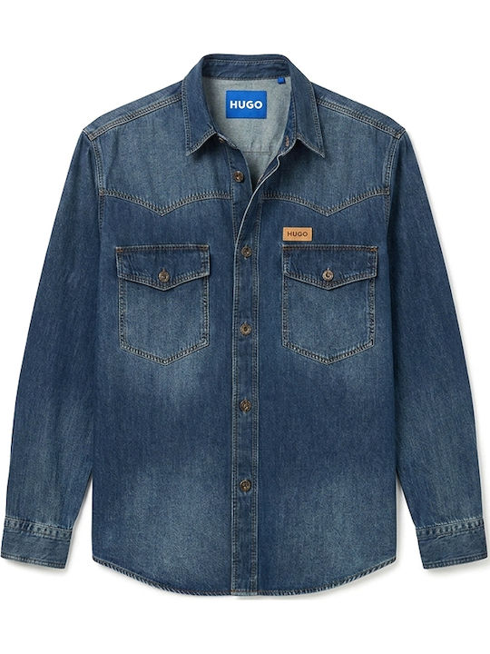 Camasa Barbat Mânecă Lungă Denim Overshirt Linie Supradimensionată Albastru