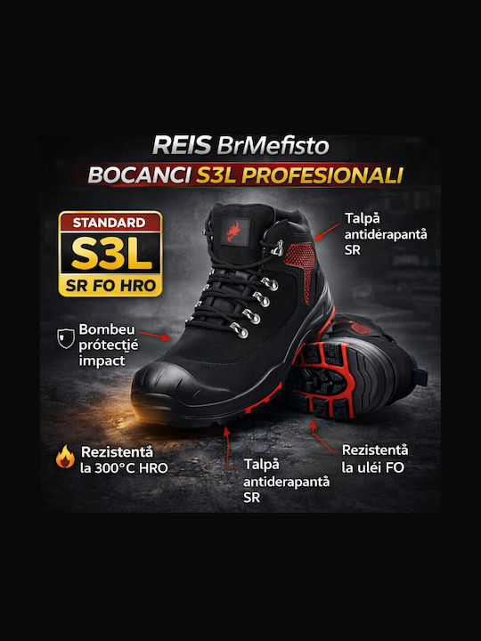 Reis Cizme De Lucru Negre S3L Cu Certificare Rezistență La Ulei FO Talpă Rezistentă La Temperatură Înaltă HRO Rezistență La Alunecare SR
