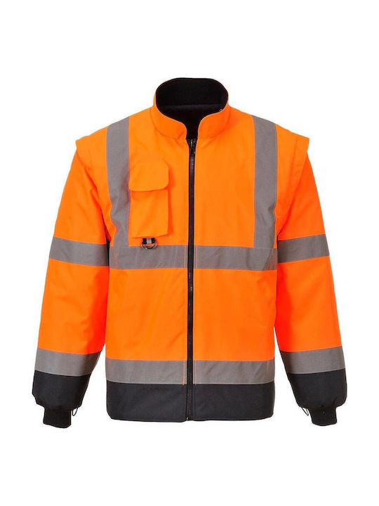 Portwest Work Jacket Reflective with Removable Fleece Lining and Detachable Hood Orange