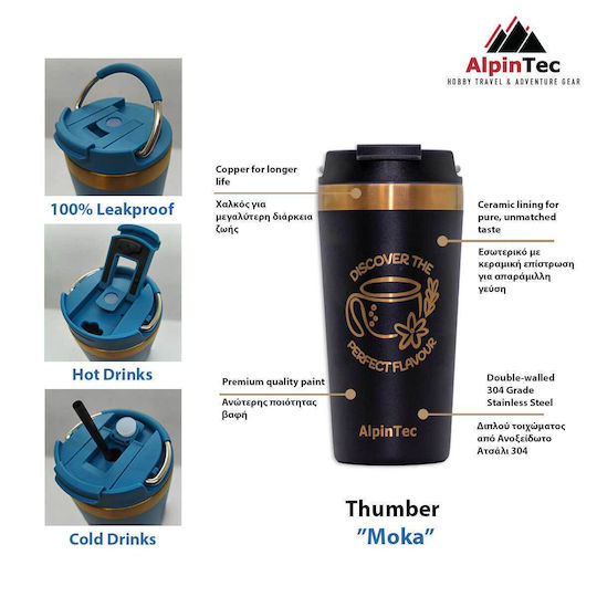 AlpinPro Thermos Bottle Stainless Steel 530ml Black Ceramic Coating Double Opening