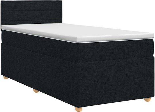 Pat Single Tapițat cu Material Negru cu Plăci și Saltea 90x190cm