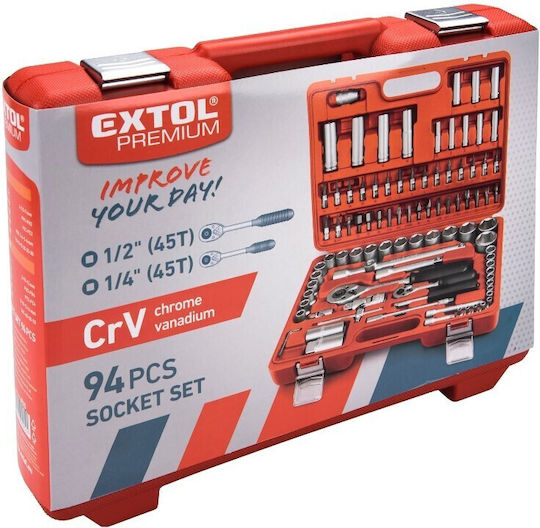 Set Chei Tubulare Bit Extol 4 32 Mm 1/4" 1/2" Cr-v 94 Bucăți