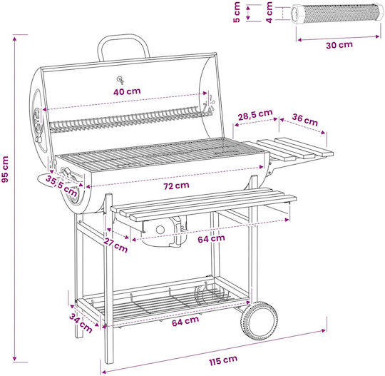 Vidaxl Γκριλ Βαρελιού Ρόδες Ράφια 3 Pcs 115 X 85 X 95 Εκ Μαύρο