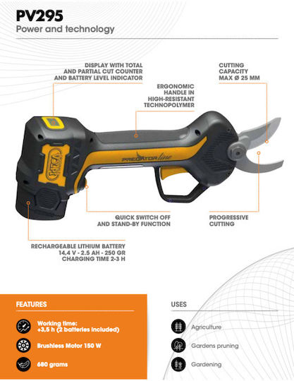 Volpi Pruning Shears with 2 Batteries & Maximum Cutting Diameter 25mm in Carrying Case