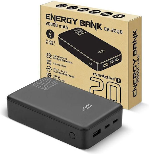 EverActive EB-22QB Power Bank 20000mAh 20W with USB-A Output Port and 2 USB-C Output Ports Quick Charge Black