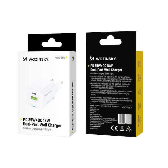 Wozinsky Wireless Charger GaN With USB-A Output Port And USB-C Output Port 35W Power Delivery White (WWC-35W)