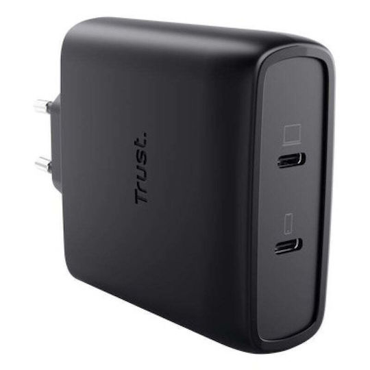 Trust GaN Kabelloser Handyladegerät mit 2 USB-C Ausgangsanschlüsse 100W Stromlieferung Schwarz