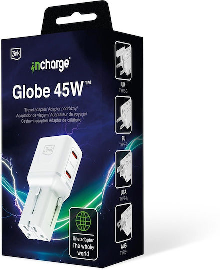 3MK Зарядно Устройство Без Кабел с 2 USB-C Порта 45W Power Delivery / Quick Charge 4.0 Бял (Incharge Globe)