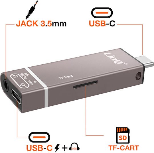 Linq Mini Hub Usb-c To Audio Jack 3.5mm Micro Sd Usb-c 100w Grey