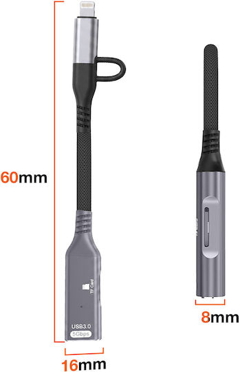 Linq Адаптер USB-C Lightning към USB 3.0 5Gbps Четец за Micro SD Сив