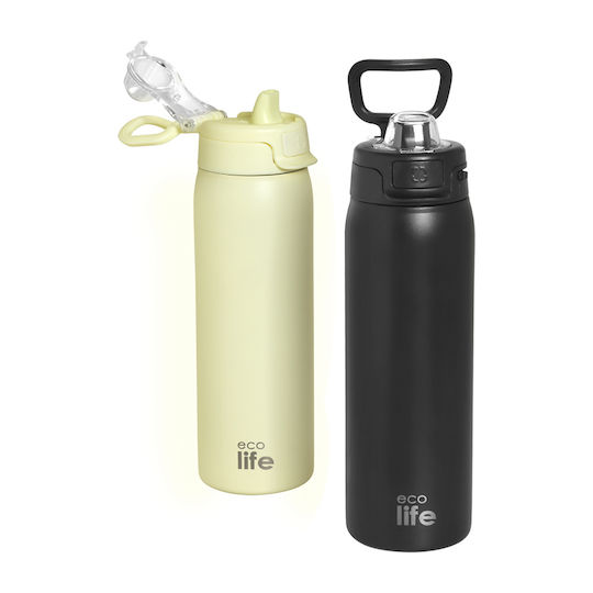 Ecolife Recycelbare Thermosflasche Rostfreier Stahl BPA-frei 650ml Tiefschwarz mit Stroh