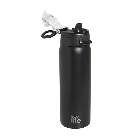 Ecolife Recycelbare Thermosflasche Rostfreier Stahl BPA-frei 650ml Tiefschwarz mit Stroh