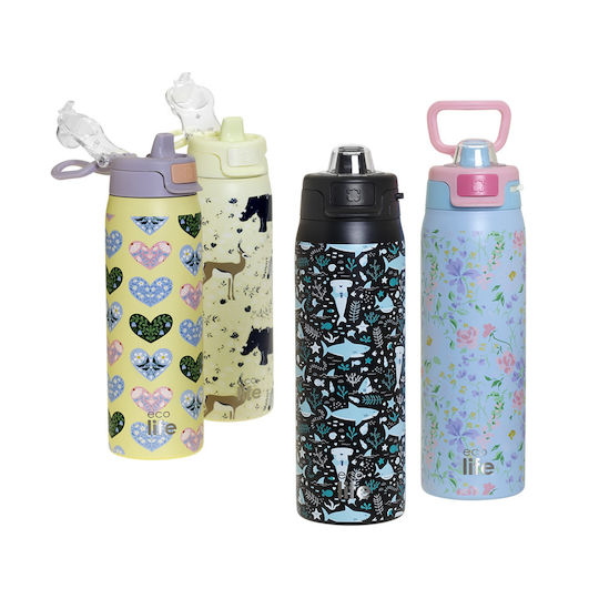 Ecolife Recycelbare Thermosflasche Rostfreier Stahl BPA-frei 650ml Springtime mit Stroh
