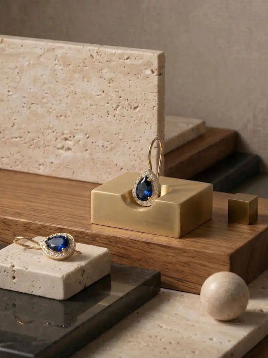 Dangle Earrings Made of 14K Gold with Blue Stones