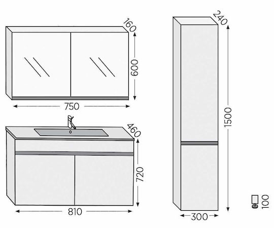 Furnibath Toledo 80 Πάγκος με Νιπτήρα & Καθρέπτη Μ81xΒ72xΥ46cm Grey