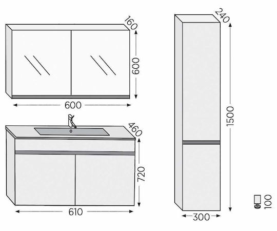 Furnibath Toledo 60 Πάγκος χωρίς Νιπτήρα με Καθρέπτη Μ61xΒ72xΥ46cm White