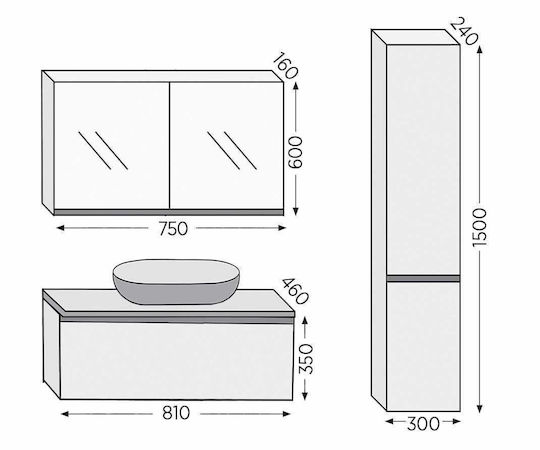 Furnibath Sevilla 80 Баня Маса Без Смесител с Огледало М81xД50xВ46см Орех