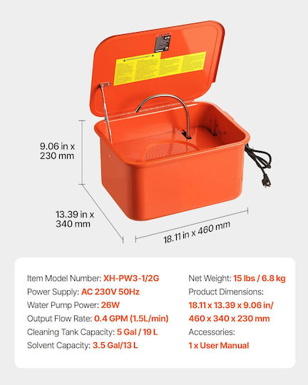Vevor Portable Automotive Parts Cleaner 19L Tank 13L Solution Capacity Electric Pump Maximum Output 1.5L/Minute Qcljqxt5galb7drnt001v2