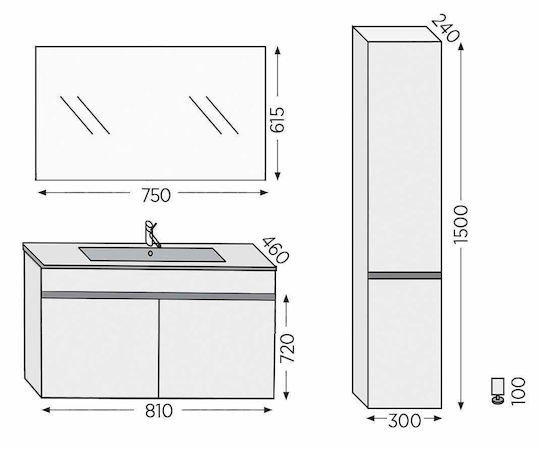 Furnibath Toledo 80 Баня Маса без Смесител с Огледало М81xД72xВ46см Орех