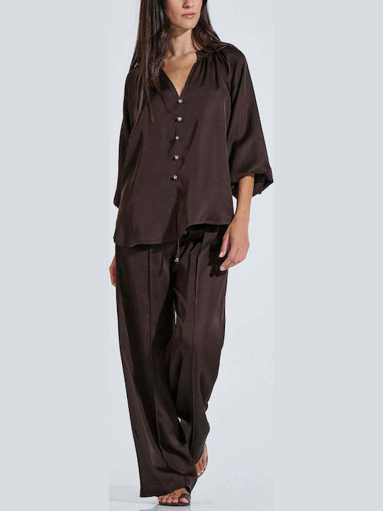 Women's Satin Long Sleeve Blouse with V-Neck Brown