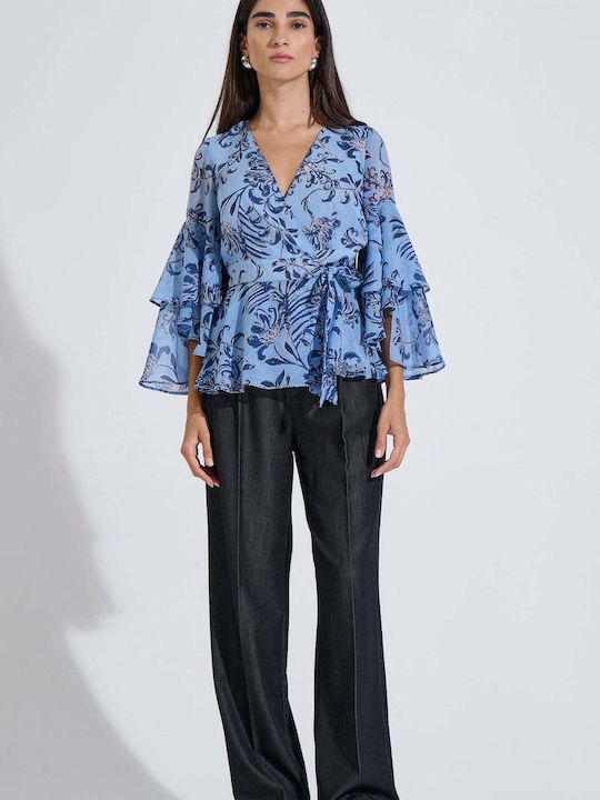 Damenbluse mit 3/4 Ärmel & V-Ausschnitt Blumen Muster Hellblau