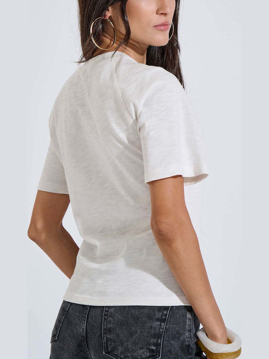 Damen Baumwolle Kurzärmelig Top Farbe Ecru