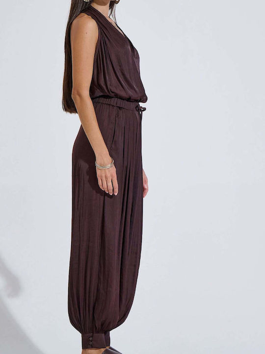Women's Satin Trousers with Elastic in Loose Fit Brown