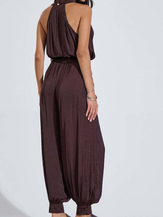Women's Satin Trousers with Elastic in Loose Fit Brown
