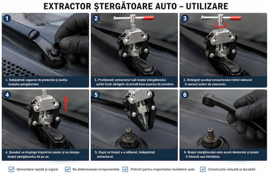 Extractor pentru brațul ștergătorului auto Zola cu 2 brațe interval de lucru 10-40 mm oțel carbon terminale rulmenți
