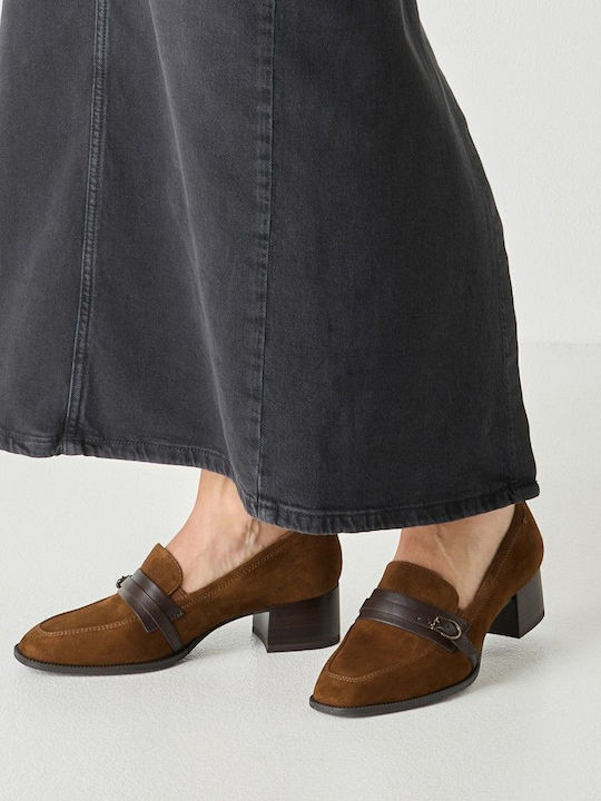 Leather Pointed Toe Heels with Low Heel Tabac Brown
