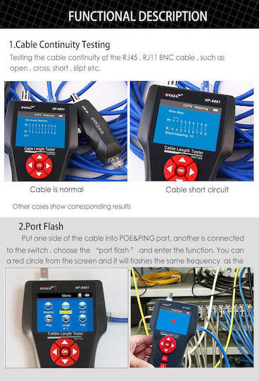 Tester de cabluri Noyafa Multifuncțional Poe Ping Suportă Rj45 Rj11 Cat5 Cat6 Nf-8601w